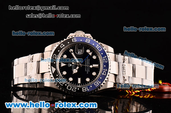 Rolex GMT Master II Asia 2813 Automatic Movement Full Steel with Black Dial Blue/Black Bezel and White Markers - Click Image to Close